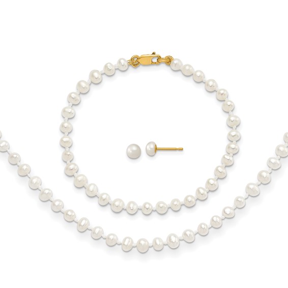 14k 3-4mm White Freshwater Cultured Pearl 14 inch Necklace / 5 inch Bracelet / Post Earrings 3-piece Set