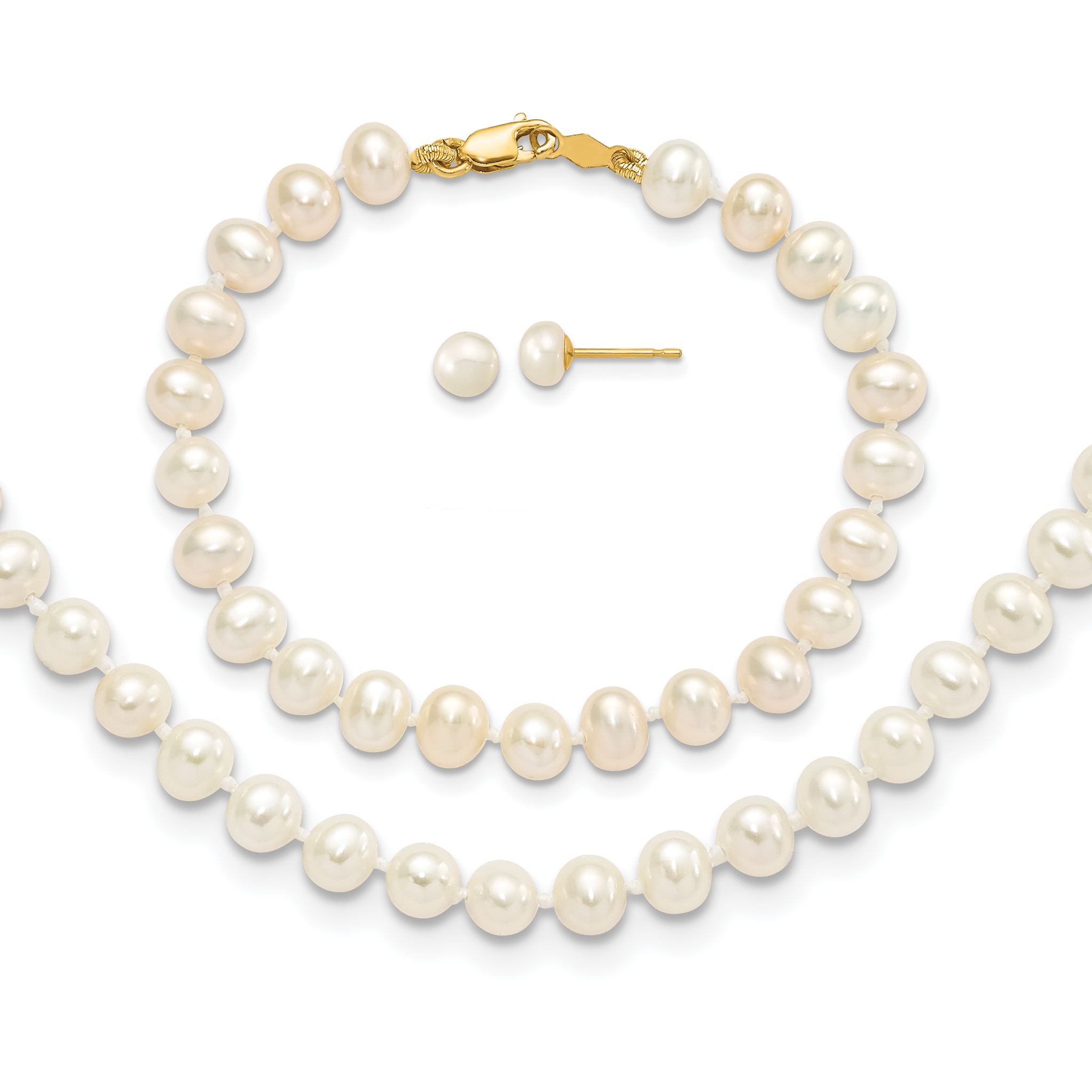 14k 4-5mm White Freshwater Cultured Pearl 14 inch Necklace, 5 inch Bracelet and Post Earrings Set (XF503SET)
