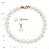 14K Yellow Gold 4-5mm White Freshwater Cultured Pearl Pendant Bracelet Post Earrings 3-piece Set, 5" view 3