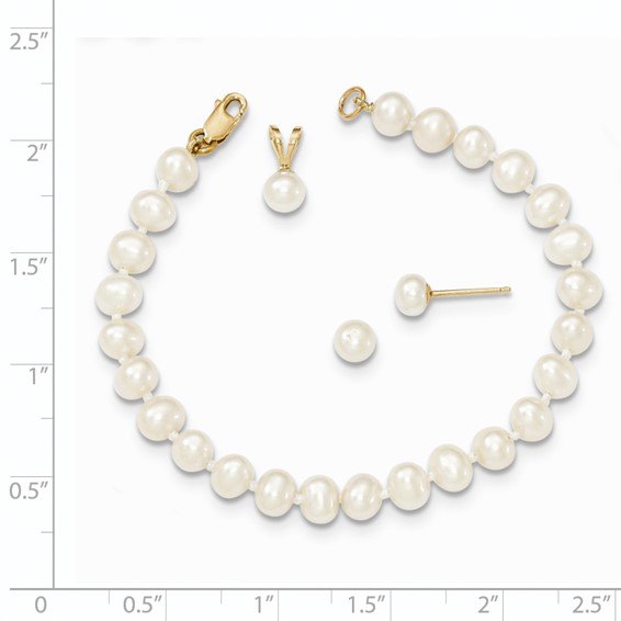 14k 4-5mm White Freshwater Cultured Pearl Pendant/5 inch Bracelet/Post Earrings 3-piece Set