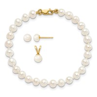 14K Yellow Gold 4-5mm White Freshwater Cultured Pearl Pendant Bracelet Post Earrings 3-piece Set, 5" view 1