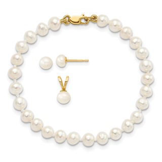 14k 4-5mm White Freshwater Cultured Pearl Pendant/5 inch Bracelet/Post Earrings 3-piece Set