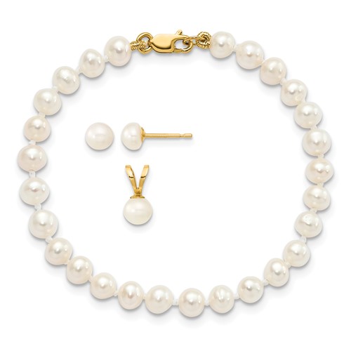 14K Yellow Gold 4-5mm White Freshwater Cultured Pearl Pendant Bracelet Post Earrings 3-piece Set, 5"