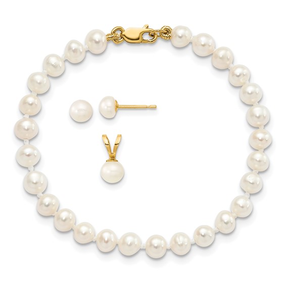 14k 4-5mm White Freshwater Cultured Pearl Pendant/5 inch Bracelet/Post Earrings 3-piece Set