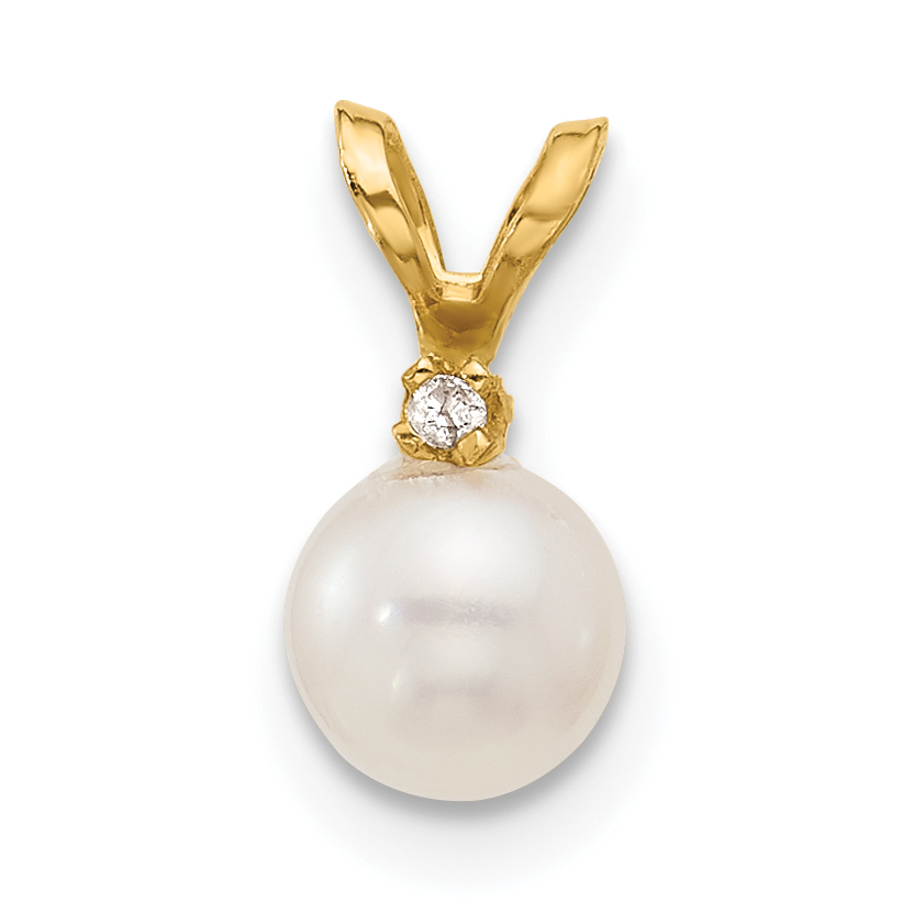 14k 5-6mm White Round Freshwater Cultured Pearl and .01 Carat Diamond Pendant (XF509)