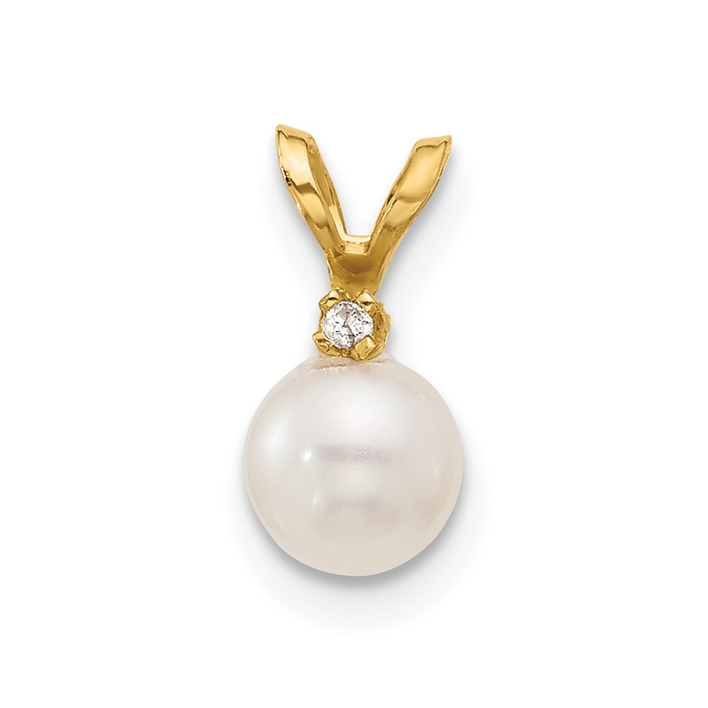 14k 5-6mm White Round Freshwater Cultured Pearl and .01 Carat Diamond Pendant (XF509)