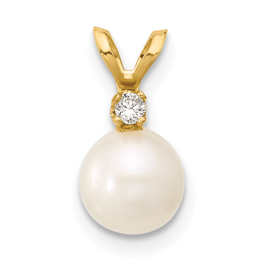 14k 6-7mm White Round Freshwater Cultured Pearl and .03 Carat Diamond Pendant (XF510)