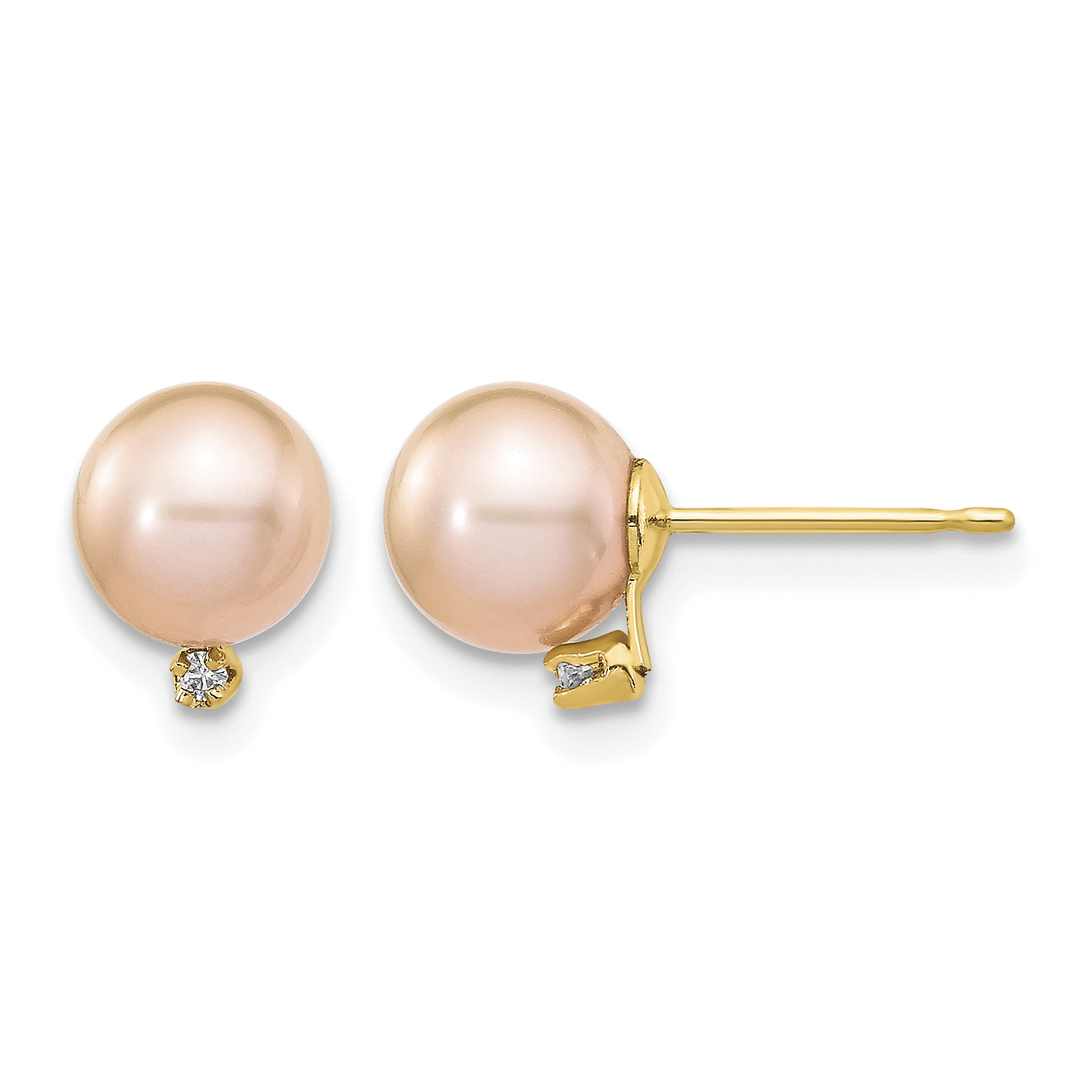 14k 5-6mm Pink Round Freshwater Cultured Pearl and .02 Carat Diamond Post Earrings (XF511E)