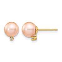 14K 5-6mm Pink Round Freshwater Cultured Pearl and .02 Carat Diamond Post Earrings view 1