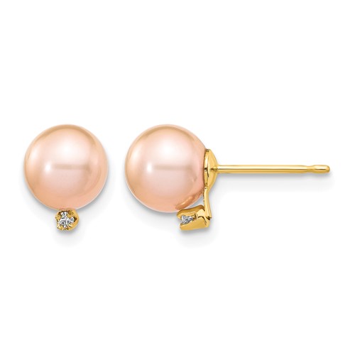 14K Yellow Gold 5-6mm Pink Round Freshwater Cultured Pearl and.02 Carat Diamond Post Earrings