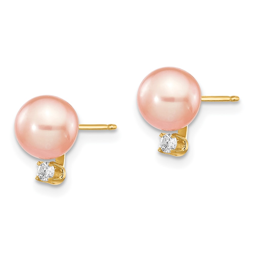 14k 6-7mm Pink Round Freshwater Cultured Pearl and .06 Carat Diamond Post Earrings (XF512E)