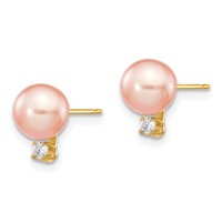 14K Yellow Gold 6-7mm Pink Round Freshwater Cultured Pearl and.06 Carat Diamond Post Earrings view 2