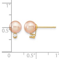 14K Yellow Gold 6-7mm Pink Round Freshwater Cultured Pearl and.06 Carat Diamond Post Earrings view 4