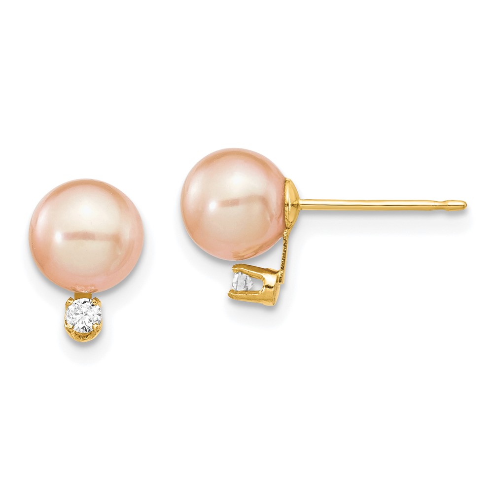 14k 6-7mm Pink Round Freshwater Cultured Pearl and .06 Carat Diamond Post Earrings (XF512E)