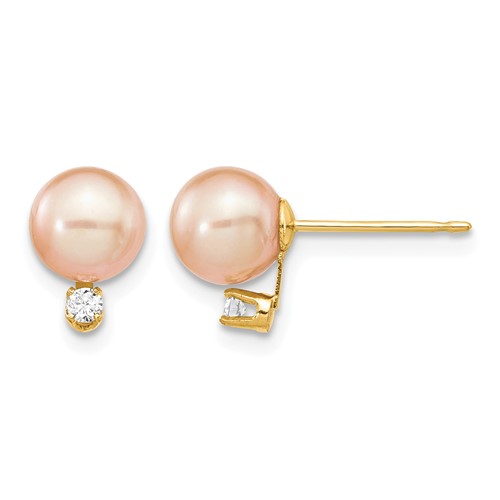 14K Yellow Gold 6-7mm Pink Round Freshwater Cultured Pearl and.06 Carat Diamond Post Earrings