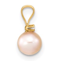 14K Yellow Gold 5-6mm Pink Round Freshwater Cultured Pearl and.01 Carat Diamond Pendant view 2