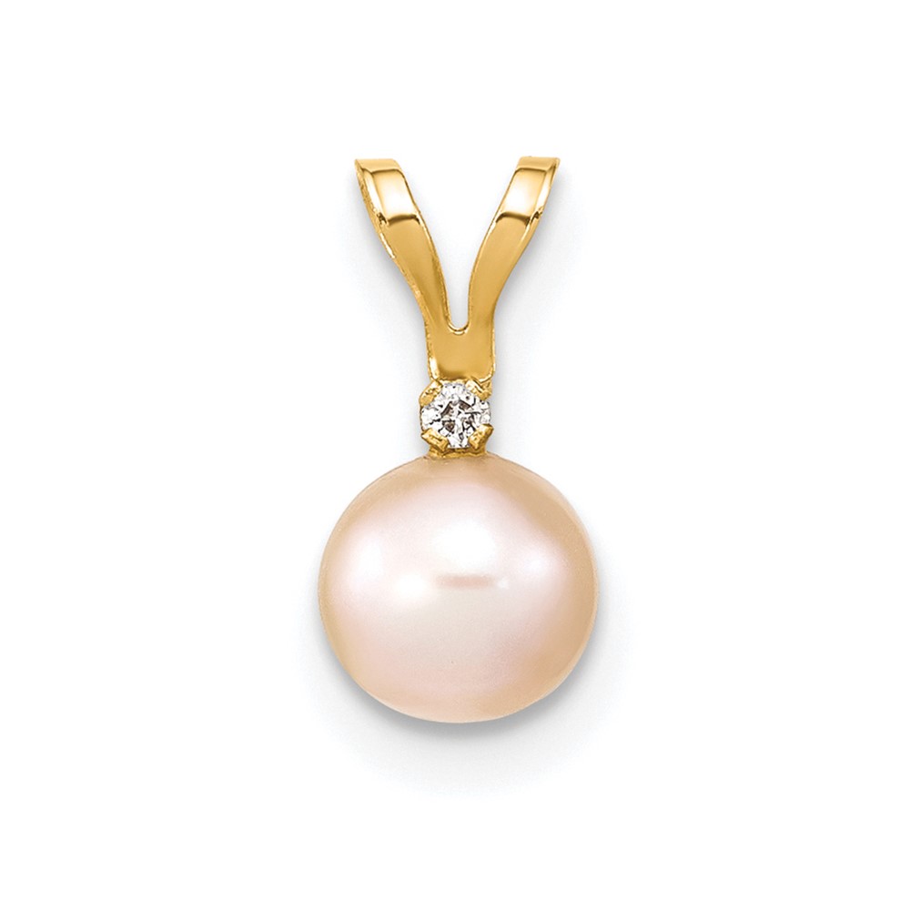 14K Yellow Gold 5-6mm Pink Round Freshwater Cultured Pearl and.01 Carat Diamond Pendant