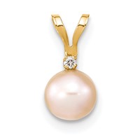14K Yellow Gold 5-6mm Pink Round Freshwater Cultured Pearl and.01 Carat Diamond Pendant view 1