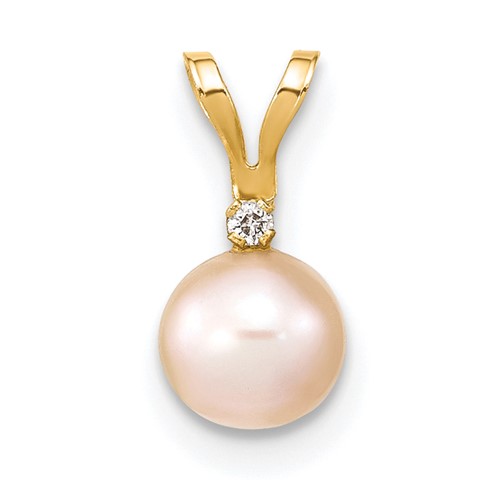 14K Yellow Gold 5-6mm Pink Round Freshwater Cultured Pearl and.01 Carat Diamond Pendant