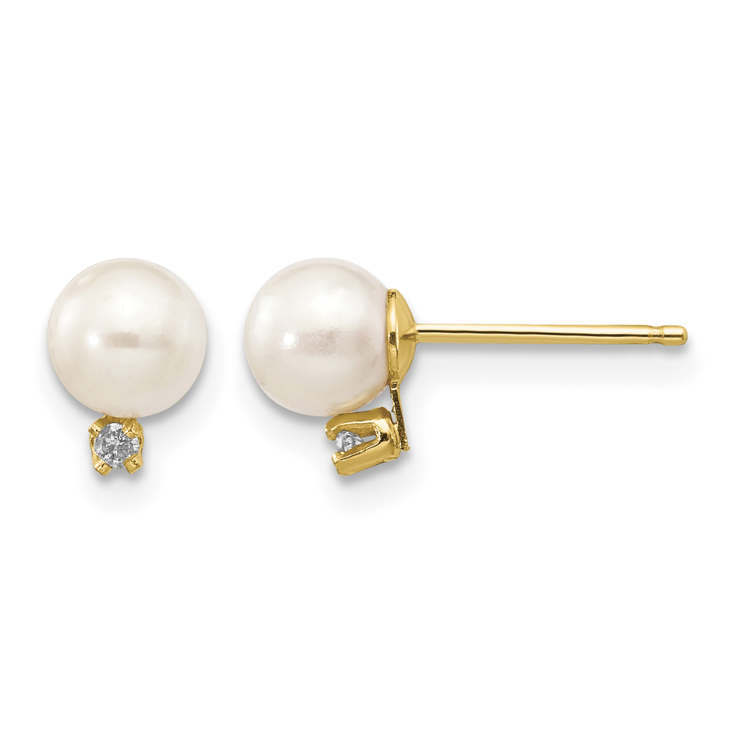 14k 5-6mm White Round Freshwater Cultured Pearl and .02 Carat Diamond Post Earrings (XF514E)