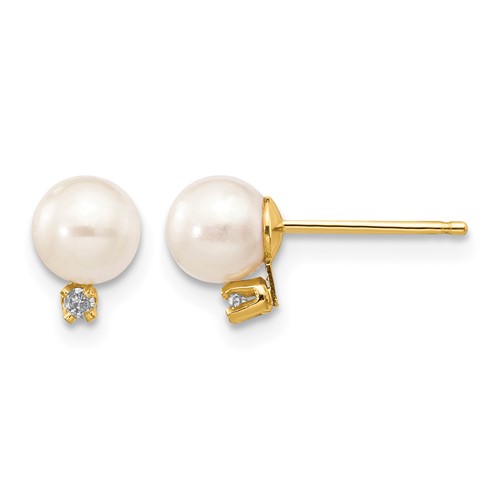 14K Yellow Gold 5-6mm White Round Freshwater Cultured Pearl and.02 Carat Diamond Post Earrings