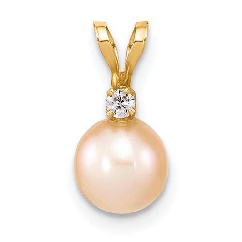14K Yellow Gold 6-7mm Pink Round Freshwater Cultured Pearl and.03 Carat Diamond Pendant