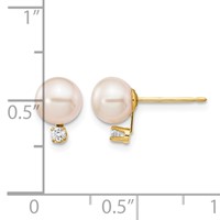 14K Yellow Gold 6-7mm White Round Freshwater Cultured Pearl and.06 Carat Diamond Post Earrings view 4