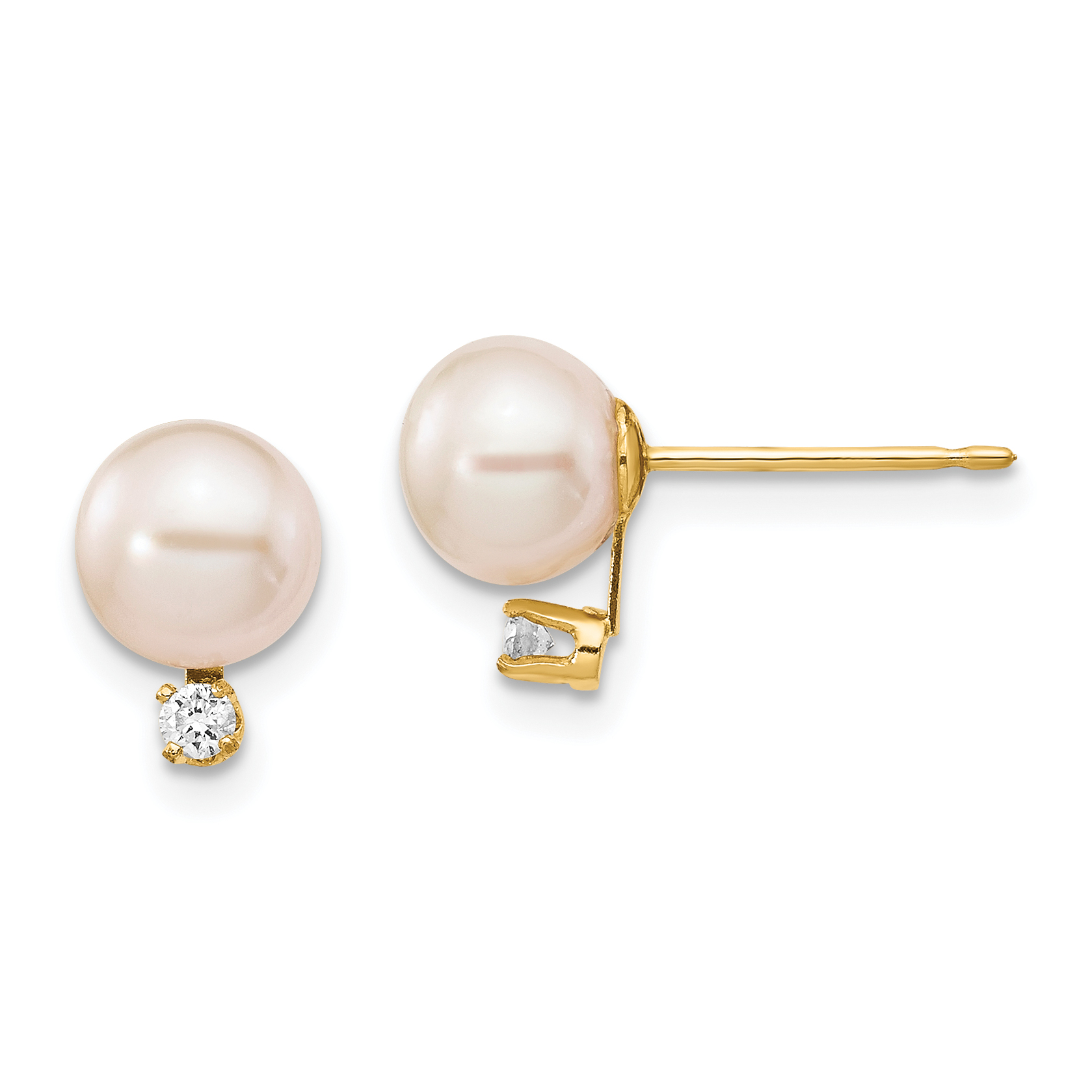 14k 6-7mm White Round Freshwater Cultured Pearl and .06 Carat Diamond Post Earrings (XF516E)
