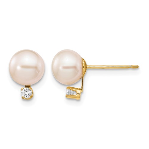 14K Yellow Gold 6-7mm White Round Freshwater Cultured Pearl and.06 Carat Diamond Post Earrings