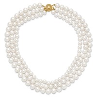 14K Yellow Gold 8-9mm White Near-Round Freshwater Cultured Pearl 3-Strand Necklace, 16" view 4
