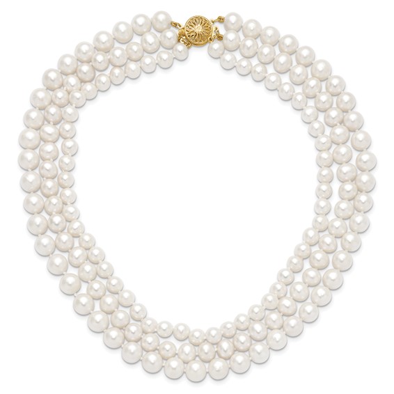 14k 8-9mm White Near-Round Freshwater Cultured Pearl 3-Strand 16 inch Necklace