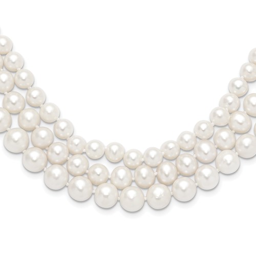 14K Yellow Gold 8-9mm White Near-Round Freshwater Cultured Pearl 3-Strand Necklace, 16"
