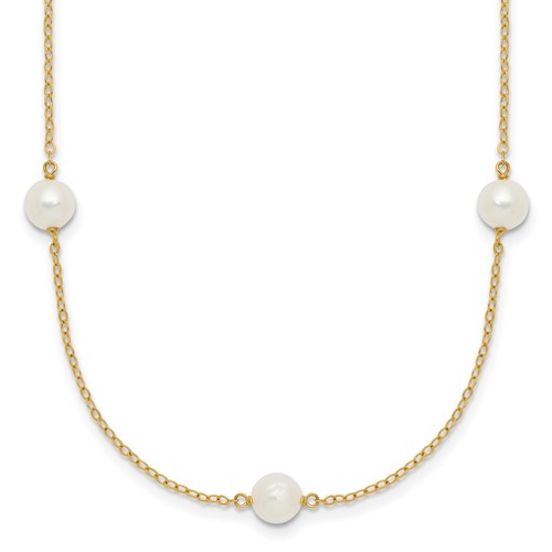 14K Yellow Gold 5-6mm White Near-Round Freshwater Cultured Pearl 7-Station Necklace, 16"