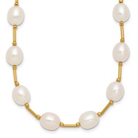14K Yellow Gold 7-8mm White Rice Freshwater Cultured Pearl Beaded Necklace, 18" view 1