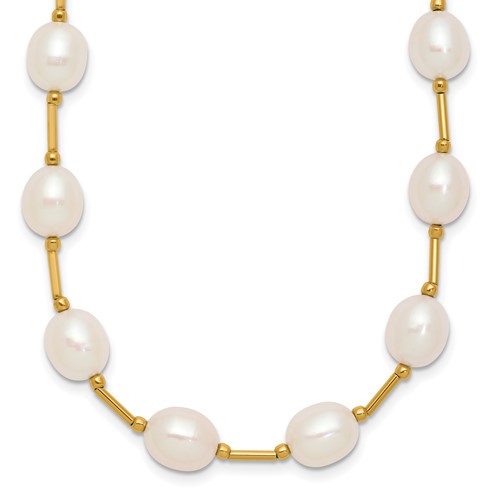 14K Yellow Gold 7-8mm White Rice Freshwater Cultured Pearl Beaded Necklace, 18"