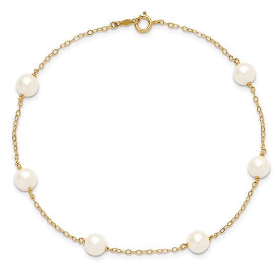 14k 6-7mm White Near-Round Freshwater Cultured Pearl 6-Station 9 inch Anklet