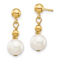 14K Yellow Gold 7-8mm White Semi-round Freshwater Cultured Pearl Post Dangle Earrings view 2