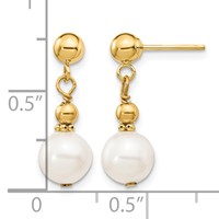 14K Yellow Gold 7-8mm White Semi-round Freshwater Cultured Pearl Post Dangle Earrings view 4