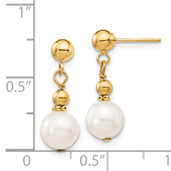 14K 7-8mm White Semi-round Freshwater Cultured Pearl Post Dangle Earrings
