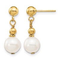 14K Yellow Gold 7-8mm White Semi-round Freshwater Cultured Pearl Post Dangle Earrings view 1
