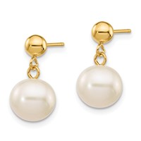 14K Yellow Gold 8-8.5mm White Round Freshwater Cultured Pearl Post Dangle Earrings view 2