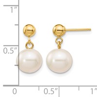 14K Yellow Gold 8-8.5mm White Round Freshwater Cultured Pearl Post Dangle Earrings view 4