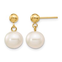 14K Yellow Gold 8-8.5mm White Round Freshwater Cultured Pearl Post Dangle Earrings view 1