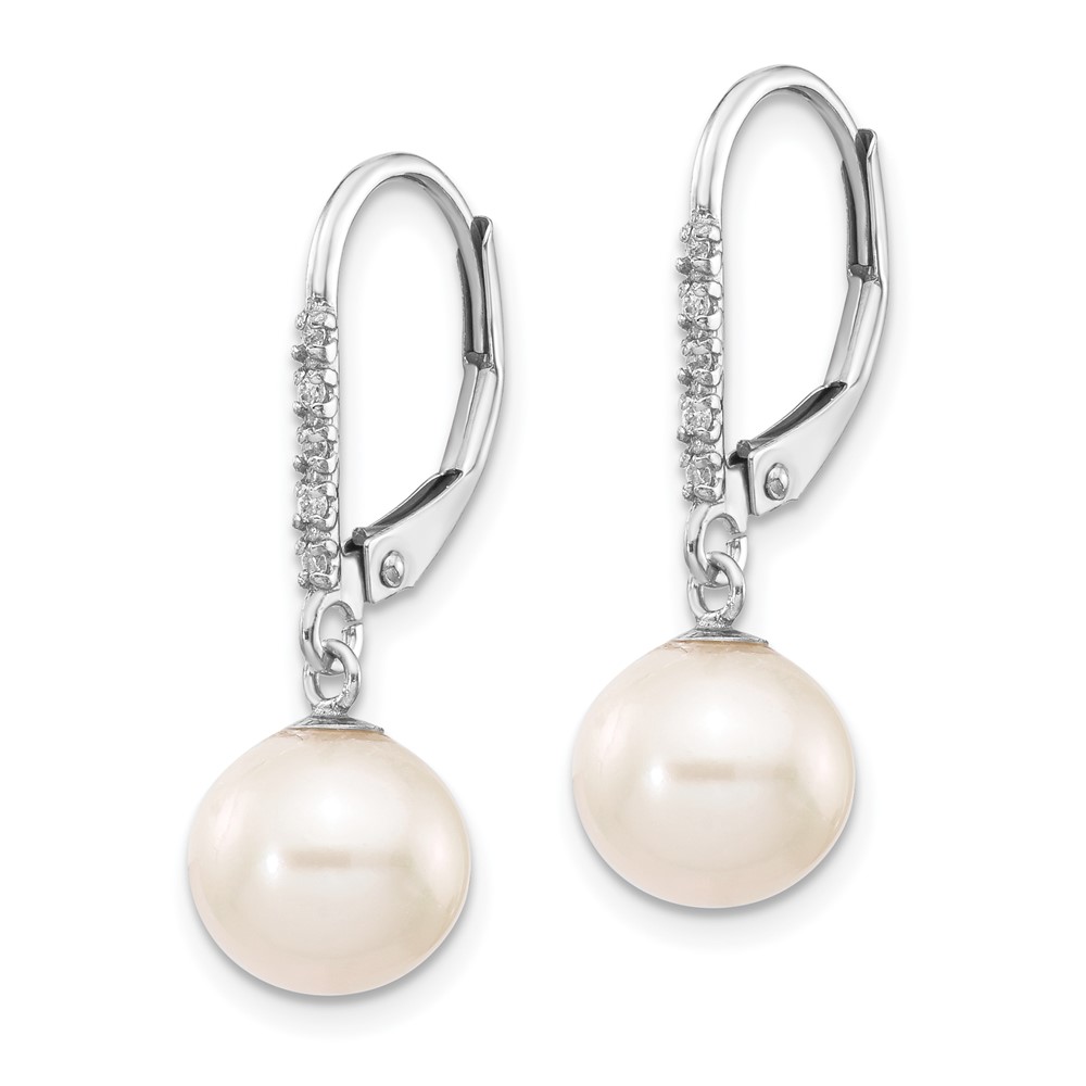 14k White Gold 8-9mm White Round Freshwater Cultured Pearl and .05 Carat Diamond Dangle Leverback Earrings (XF571)