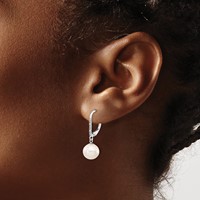 14K White Gold 8-9mm White Round Freshwater Cultured Pearl and.05 Carat Diamond Dangle Leverback Earrings view 3