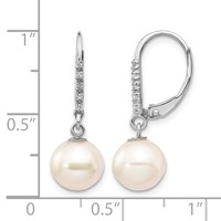 14K White Gold 8-9mm White Round Freshwater Cultured Pearl and.05 Carat Diamond Dangle Leverback Earrings view 4