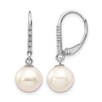 14K White Gold 8-9mm White Round Freshwater Cultured Pearl and.05 Carat Diamond Dangle Leverback Earrings view 1