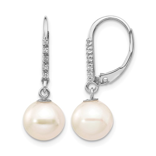 14K White Gold 8-9mm White Round Freshwater Cultured Pearl and.05 Carat Diamond Dangle Leverback Earrings
