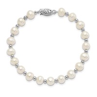 14K White Gold 6-7mm White Near-Round Freshwater Cultured Pearl Beaded Bracelet, 7" view 4