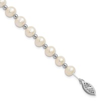 14K White Gold 6-7mm White Near-Round Freshwater Cultured Pearl Beaded Bracelet, 7" view 1